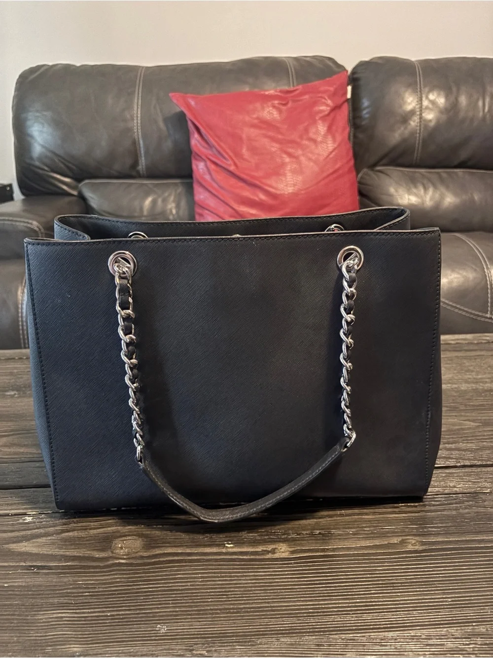 Michael Kors Black Saffiano Chain Tote with MK Charm